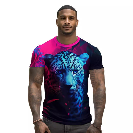 European And American 3D Printed Leopard Loose Men's Clothing Short Sleeve